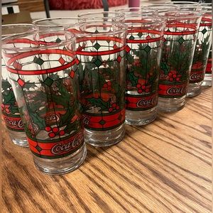 12 Vintage Coca-Cola Christmas Holly Berry Stained Glass Libbey Drinking Glasses